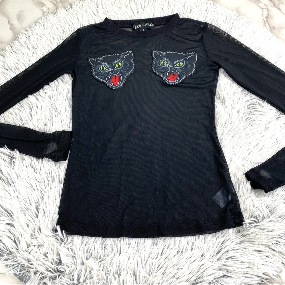 Dolls Kill Sheer Mesh Spooky Cat Patch Goth Long Sleeve Shirt EUC
